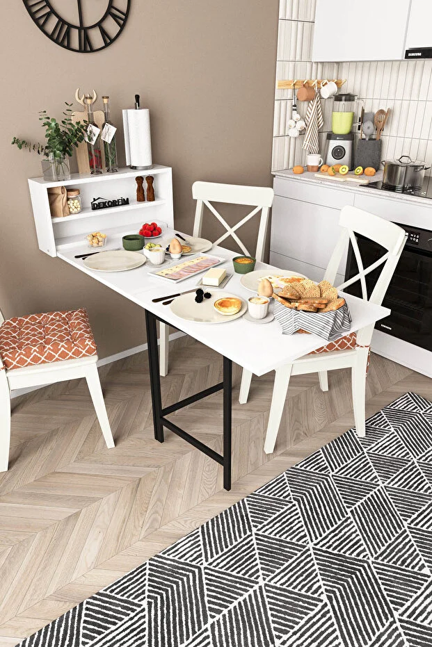 Duvara Monte Siyah Ayaklı Pratik Katlanır Kırma Mutfak ve Beyaz Yemek Masası